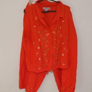 Embroidered Coral Button-Up Blouse